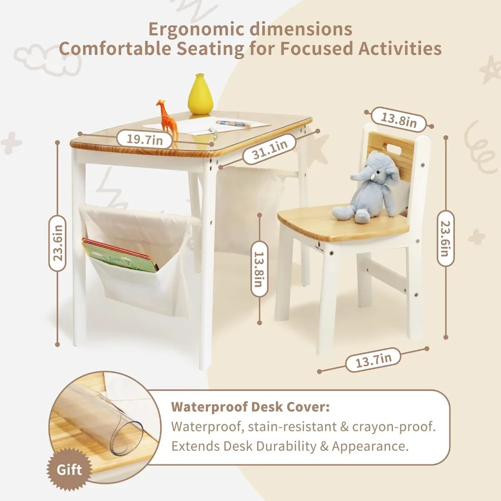 عائلة ديماتش ® طقم مكتب وكرسي للأطفال - خشب صنوبر نيوزيلندي طبيعي، طاولة دراسة على الوجهين مع واقي من مادة PVC وحقائب قماش، e #5