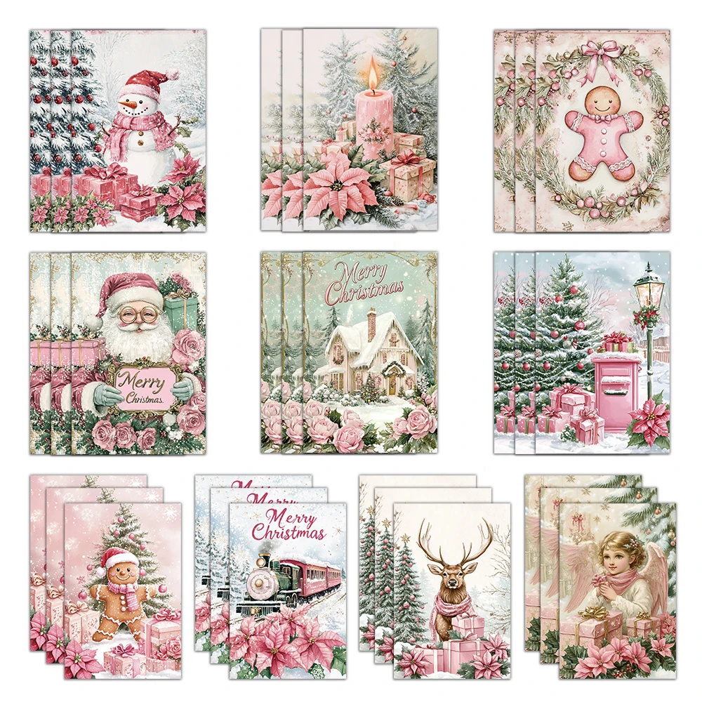 10 قطعة بطاقات عيد الميلاد الوردية الرجعية مهرجان الشتاء الأيائل ملصقات جدار الملصقات البطاقات البريدية غرفة الزينة
