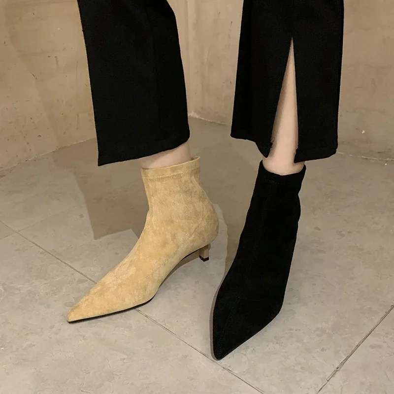 Women Ankle Boots Suede Pointed Toe Heels Shoes New Fashion Chelsea Boots Brand Autumn Winter Dress Pumps Trend Snow Botas Mujer