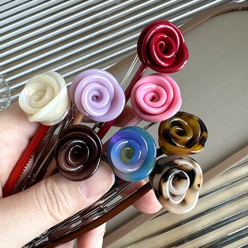 1pc Bangs One-word Buckle Roses Cute Candy Colors Hairpin Acetate Hair Clip Sides Hair Accessory Head Simple Style