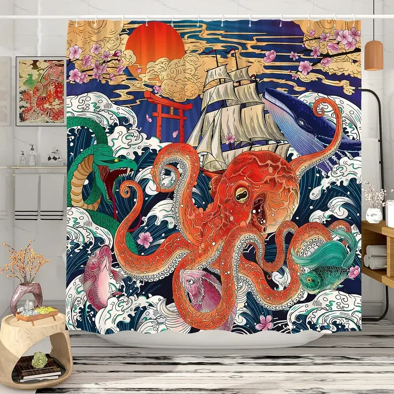 Asian Kraken Pirate Sailboat Sea Monster Mermaid With Pearl Seahorse Conch Coral Underwater World Vintage Anime Shower Curtain