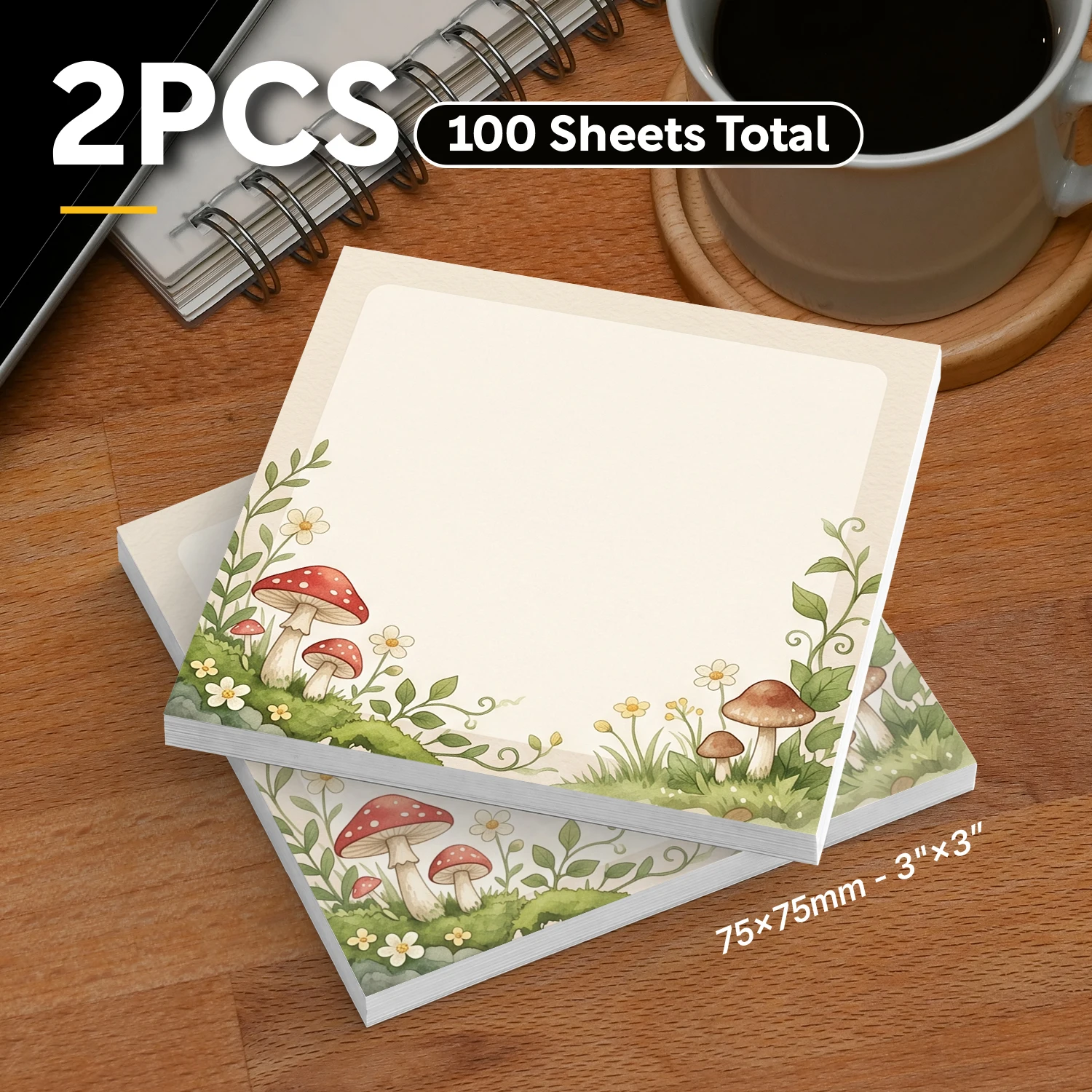 2pcs Mushroom Sticky Notes, Woodland Forest Self-Adhesive Memo Pads, 100 Sheets Total, Cute Nature Removable Notes for Planner