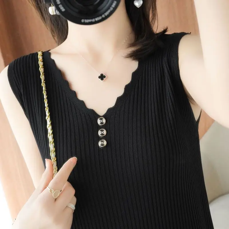 Brand Tag Removed Ice Silk Knitted Strap Vest Stylish Inner Wear T-Shirt Women's Fashion Summer No Sleeve Regular Length Pure...