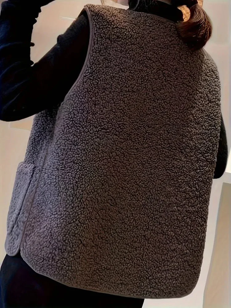 Women's autumn and winter warm sleeveless jacket with casual button pockets, teddy bear vest, women's coat