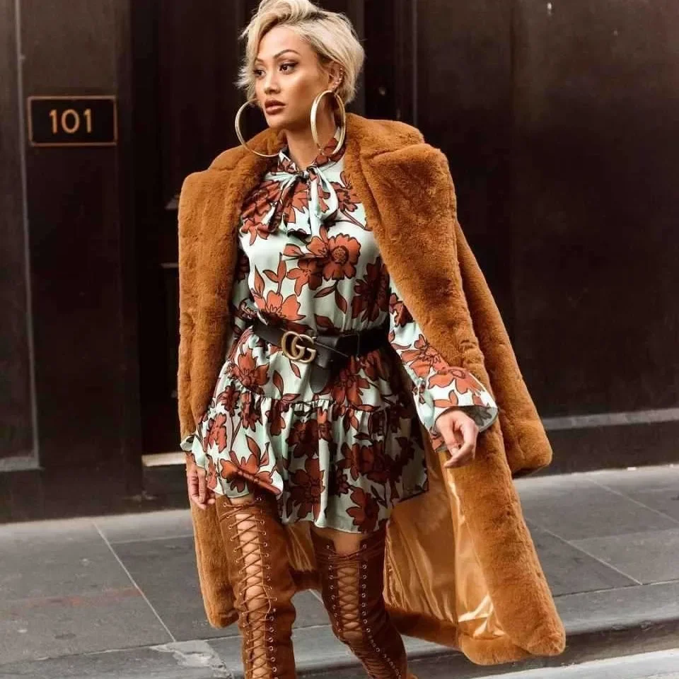 

High Quality Women Winter Faux Fur Jacket Solid Notched Collar Button Thick Lady Mink Fur Outwear Long Thermal Female Furry Coat