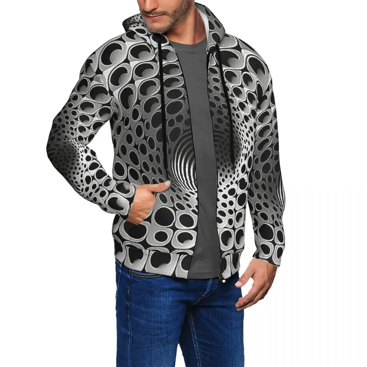 Grid Wormhole Geometric 3D Vortex Illusion Zipper Hoodie Harajuku Pullover Autumn Winter Sweatshirt Long Sleeve Tops