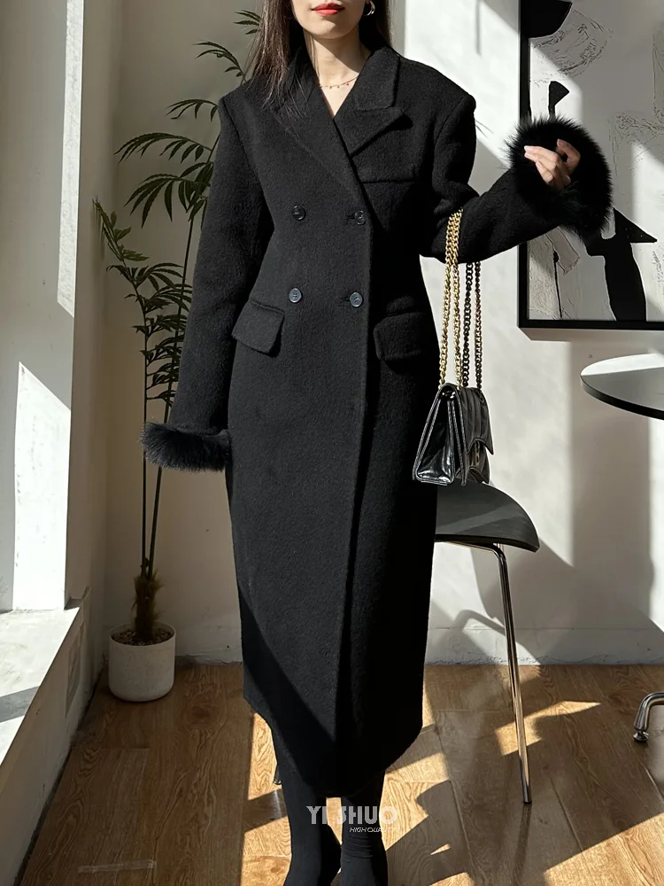 Korean Fashionable Winter Real Fox Fur Sleeve Coat Double Brested Waist-closure Sand Flap Trim Double-sided Wool Jacket Women