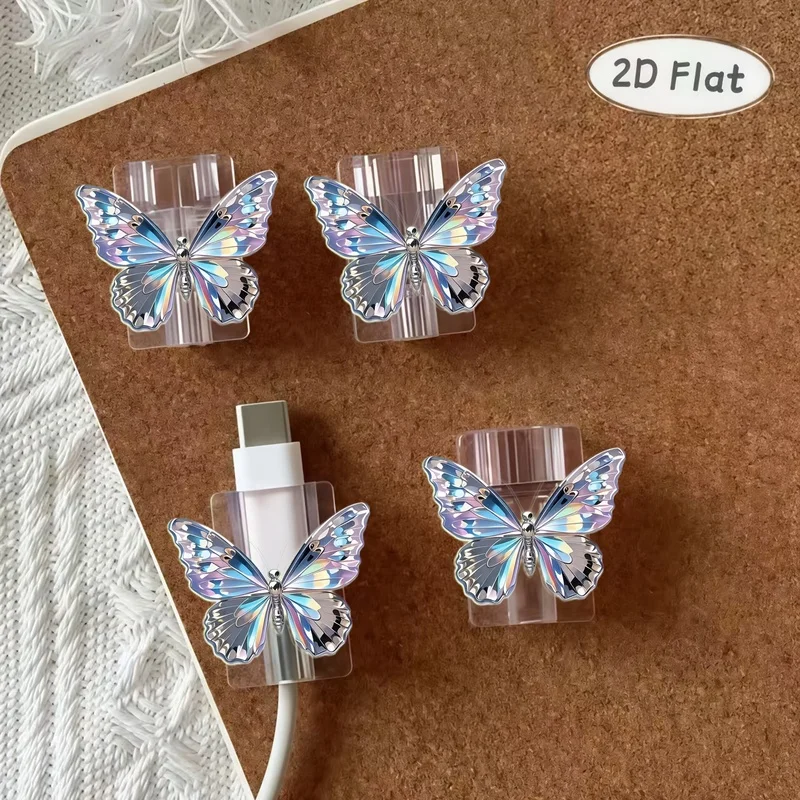 2Pcs 2D Flat Diamond Butterfly Cable Protector, Anti-Break Type-C Charging Cord Protective Cover, Durable Cute Data Line Sleeve