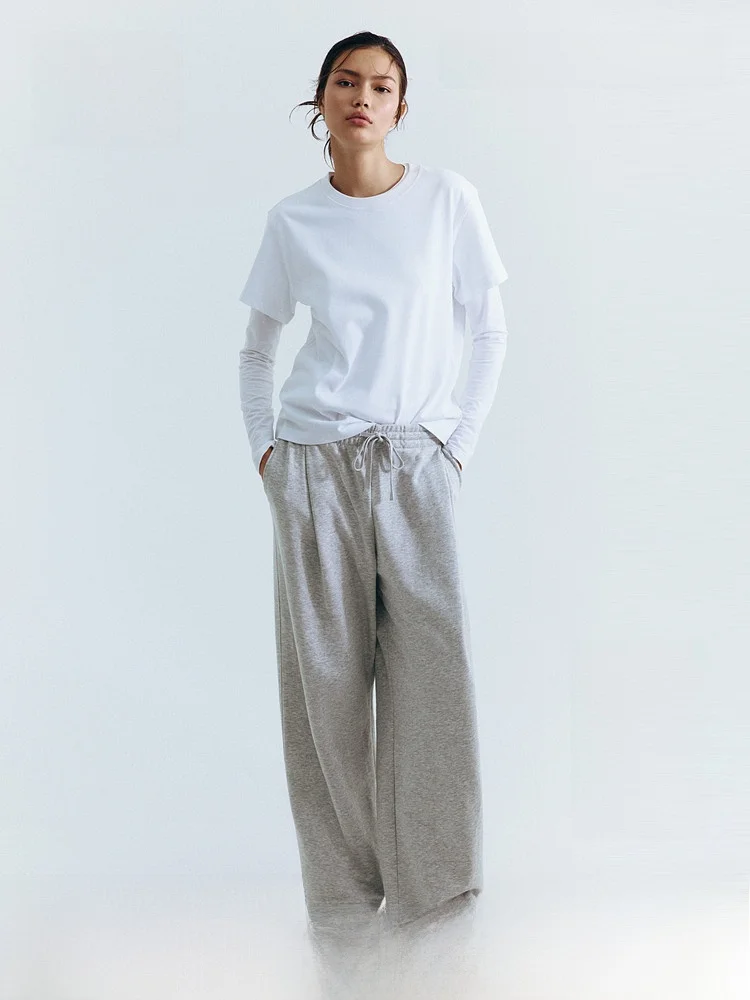 

H&M Women's Trousers Summer New Style Pleated Front Sweatpants Wide Leg Natural Waist Long Pants Other Material 100%