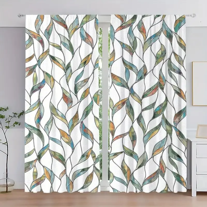 

2PCS- Colored imitation glass leaf pattern printed curtains, window decoration, home decoration, room decoration