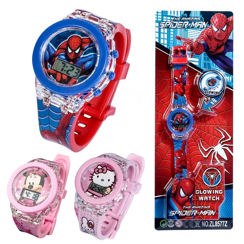 Anime Flash Light Spiderman Kids Watches For Boys Cartoon Mickey Minnie Children Watch Girls Student Digital Clock Toys Gifts