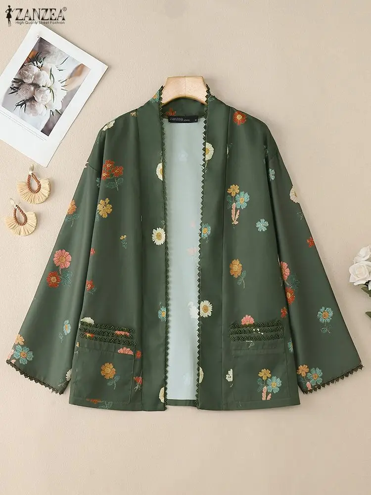 

Женские кружевные лоскутные кардиганы с цветочным принтом, рубашки с длинными рукавами и открытой передней частью ZANZEA, осень 2024, модная повседневная повседневная одежда, S-3XL