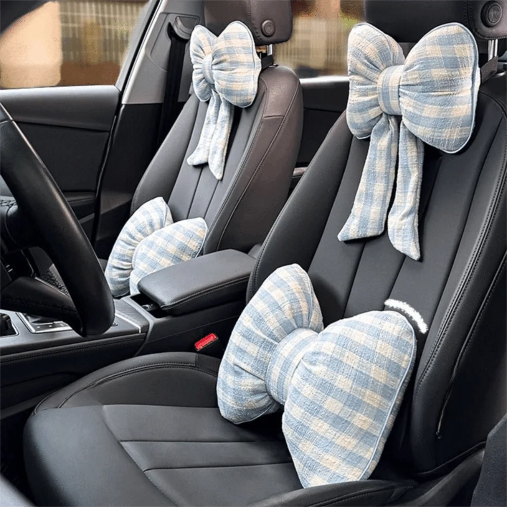 Interior Design Grid - Pink Color Bowknot Pillows Plaid Interior