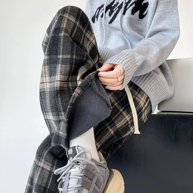 Vintage High Waist Wool Plaid Wide Leg Pants for Women, Autumn Winter Casual Fleece Straight Pants, Full Length Capris