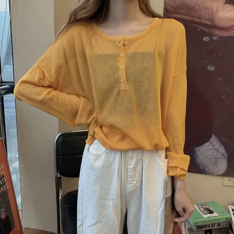 Camisetas de manga larga para mujer, Tops de algodón azul de gran tamaño, cómodos, con cuello redondo, transpirables, Retro, para ir al trabajo diario