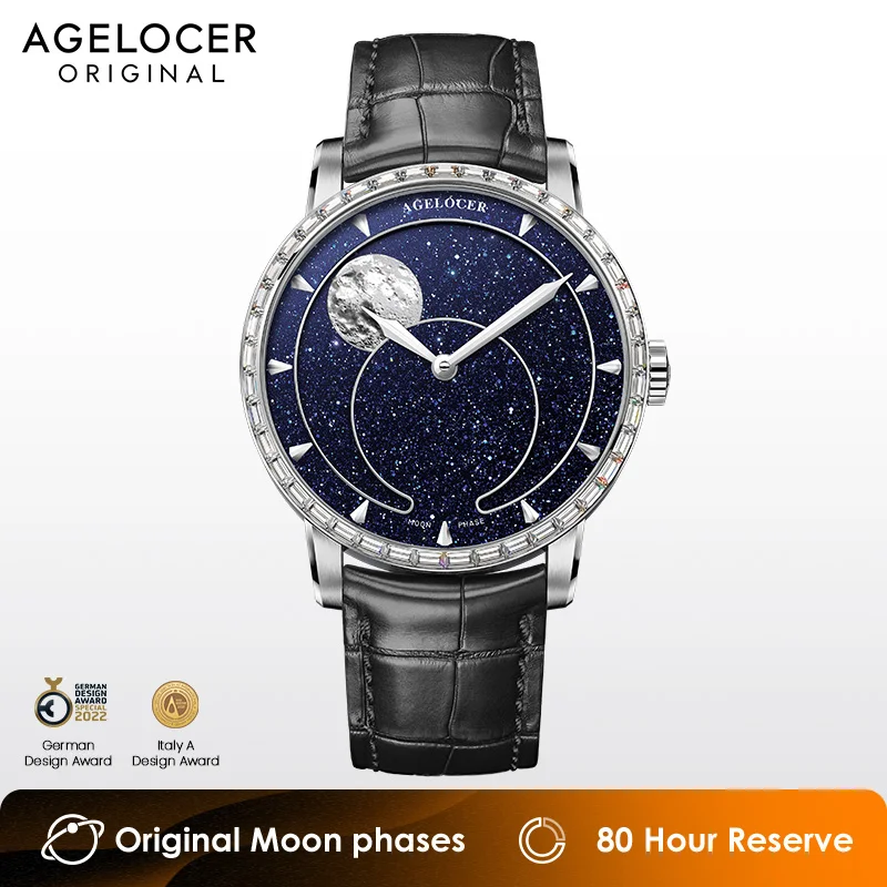 Agelocer-機械式自動時計,月の満ち欠け,天文学の時計,青いアベンチュリンダイヤル,高級時計,誕生日プレゼント