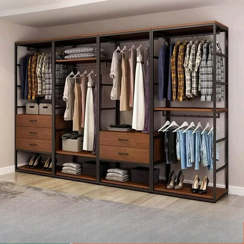 Walk-in Coat Rack Home Bedroom with Drawer Floor Hanger Clothing Store Display Rack Double Layer Open Wardrobe