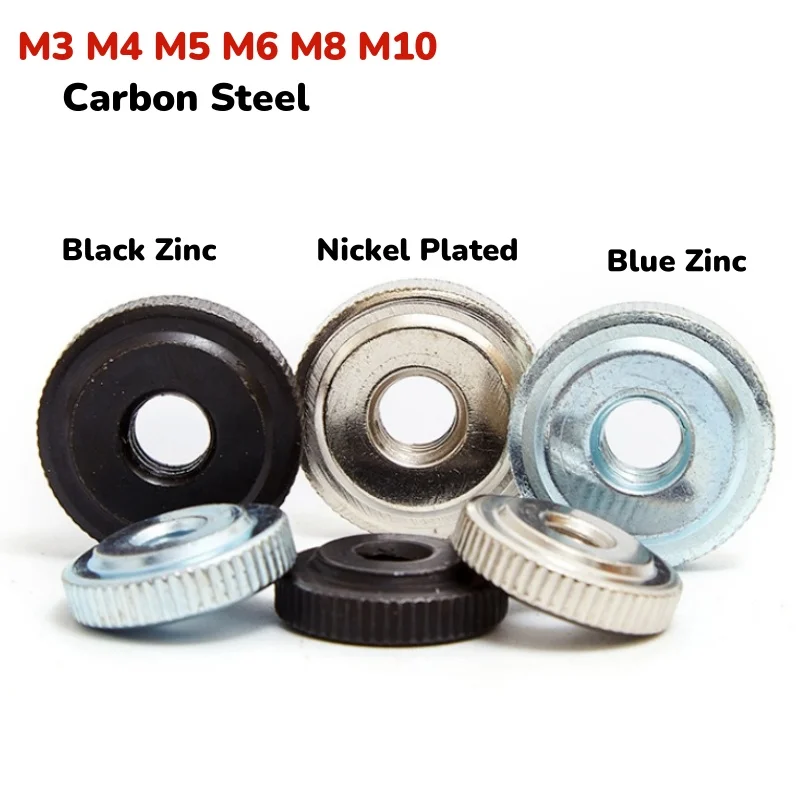 

M3 M4 M5 M6 M8 M10 Knurled Thumb Nuts Round Manual Hand Tighten Adjustment Nut Carbon steel Black Zinc Nickel Plated Steel