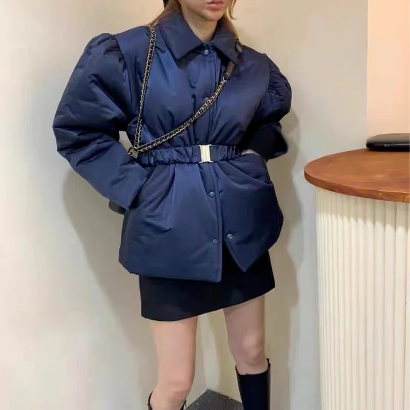 Elegant Temperament Cotton Jacket Autumn and Winter Puff Sleeve Waist Parka Coat Retro Lapel Tie Short Casual Bread Jacket