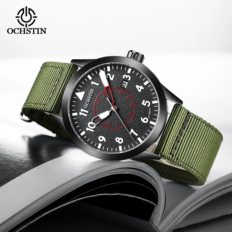 OCHSTIN Man Mechanical Pilot Wrist Watches Luxury Self Wind Nylon Mechanic Male Clock Auto Date Relogio Masculino Gift for Men