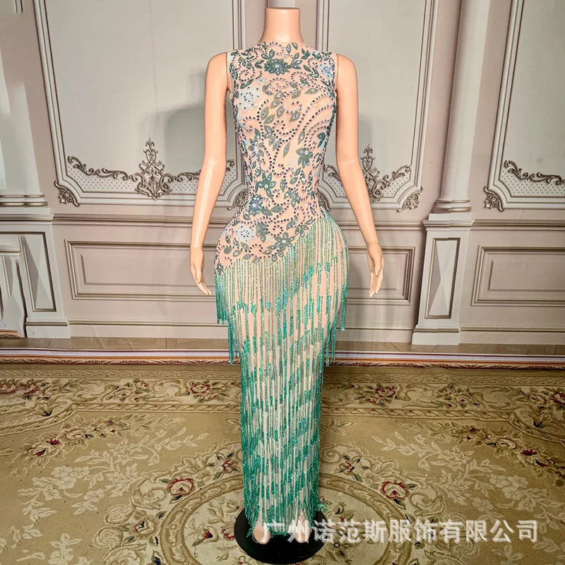 2026 French Elegant Water Dark Green Tassel Dress Wedding Master Of Ceremonies Host Performance Uniform Adult Model Fashion Show