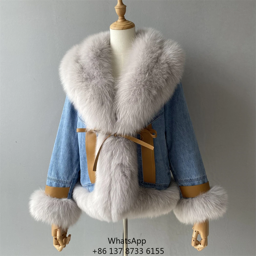 

Оптовая продажа: Женская джинсовая куртка-бомбер с большим натуральным меховым воротником, зимняя, класса люкс, из натурального меха лисы