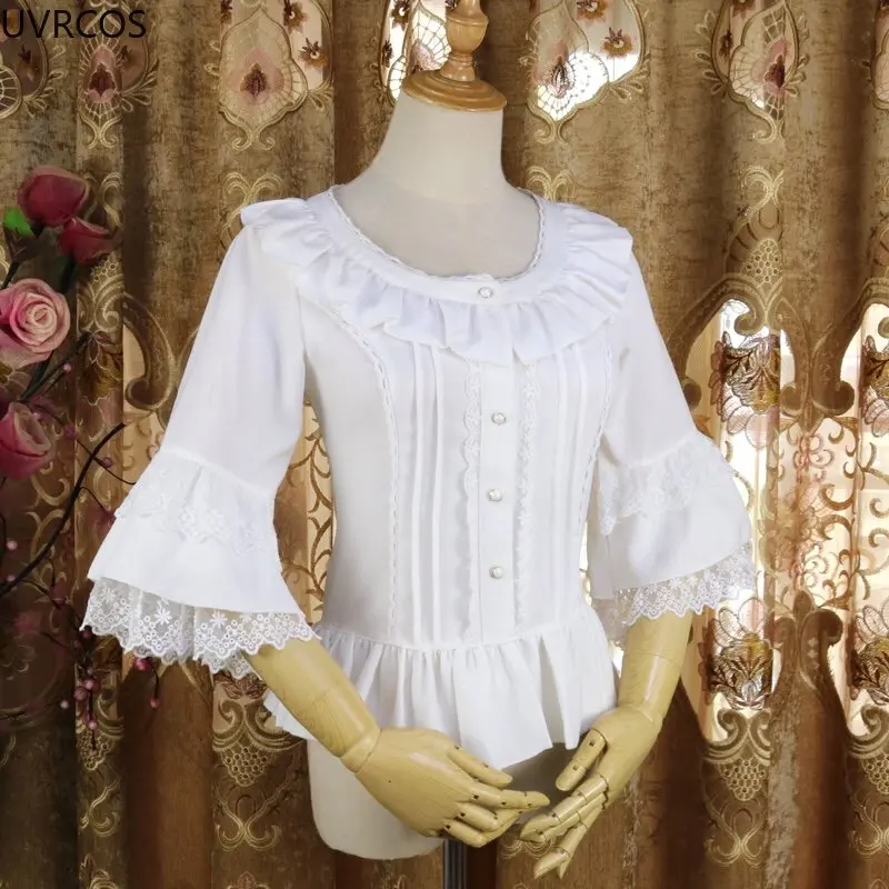 Japanese Vintage Victorian Lolita Blouses Women Kawaii Ruffles Collar Lace Flare Sleeve Shirts Girly Elegant Slim Chiffon Tops