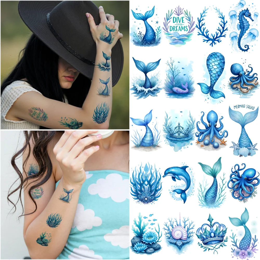 

63pcs Temporary Tattoo Dolphin Watercolor Coral Trident Temporary Tattoo Stickers Turtle For Men