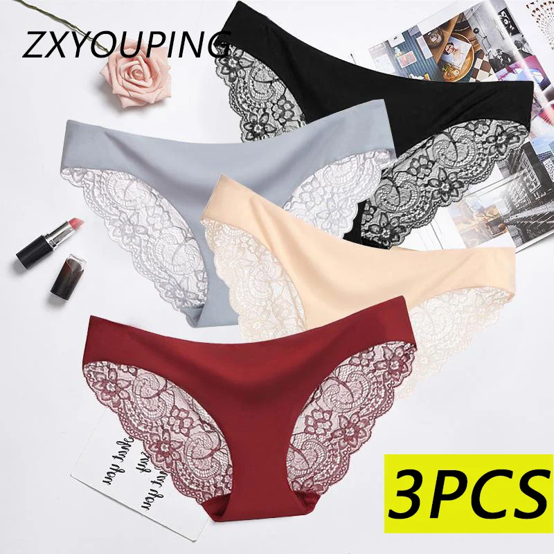 

3Pcs Sexy Lace Panties Women Seamless Panty Set Hollow Panties Transparent Ice Silk Seamless Lingerie Plus Size S-XXL