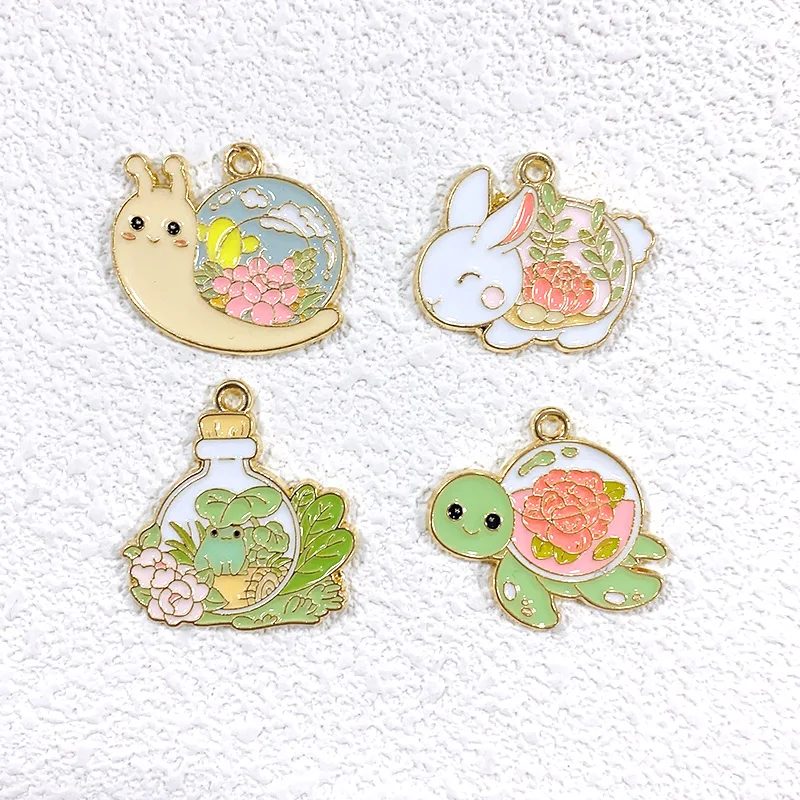 8pcs Cute Animal Alloy Enamel Charms Spring Flower Rabbit Tortoise Snail Frog Metal Small Pendant For Earring Keychain DIY