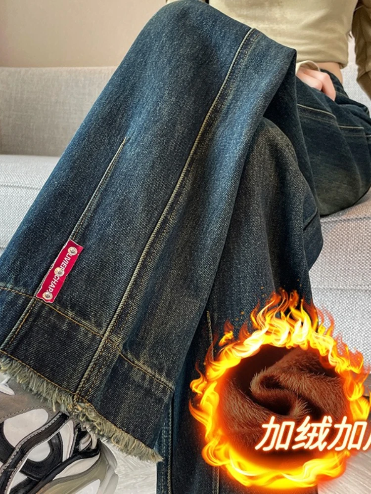 2025年秋冬 タッセルデザイン ワイドレッグジーンズ レディース 厚手 アメリカンスタイル 細身 ストレートパンツ