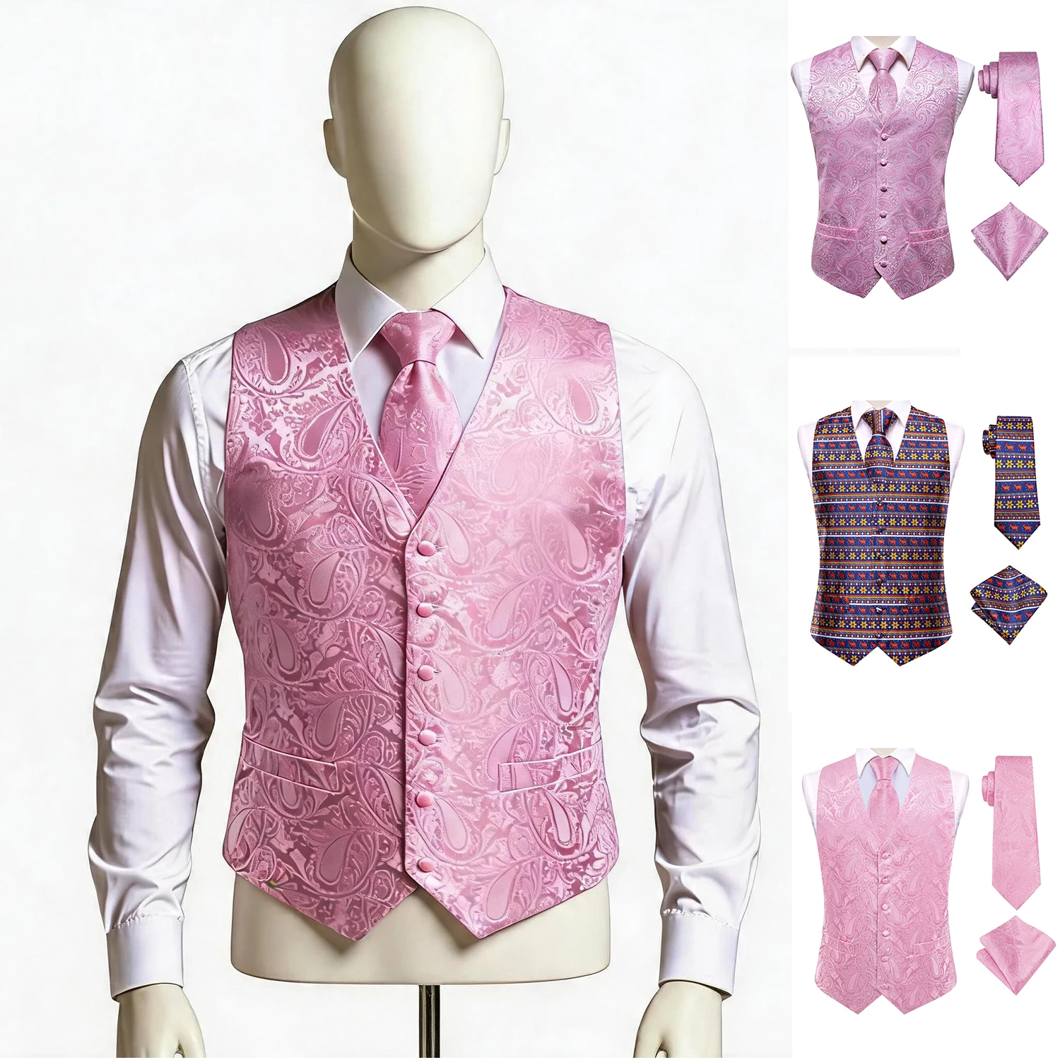 Conjunto de 3 Piezas de Chaleco Rosa, Chaleco Formal para Hombre con Corbata y Pañuelo de Bolsillo a Juego para Bodas y Negocios