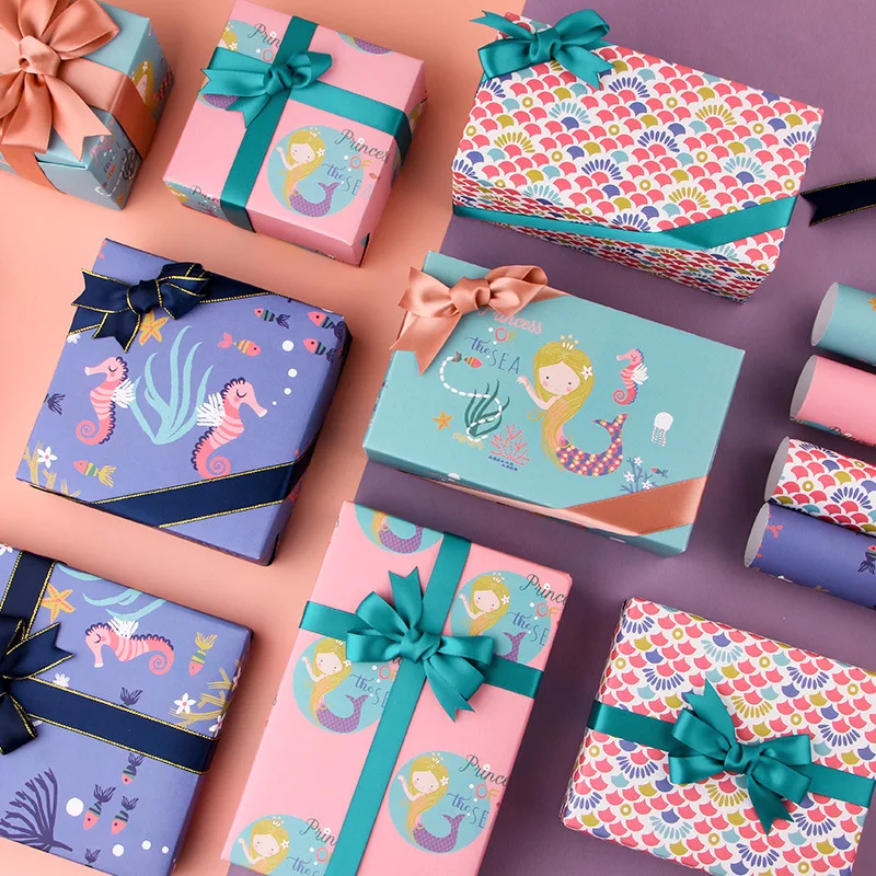 4 Pcs Cartoon Mermaid Wrapping Paper Roll for Wedding Kids Birthday Holiday Baby Shower Gift Wrap Craft Paper Decor Gifts