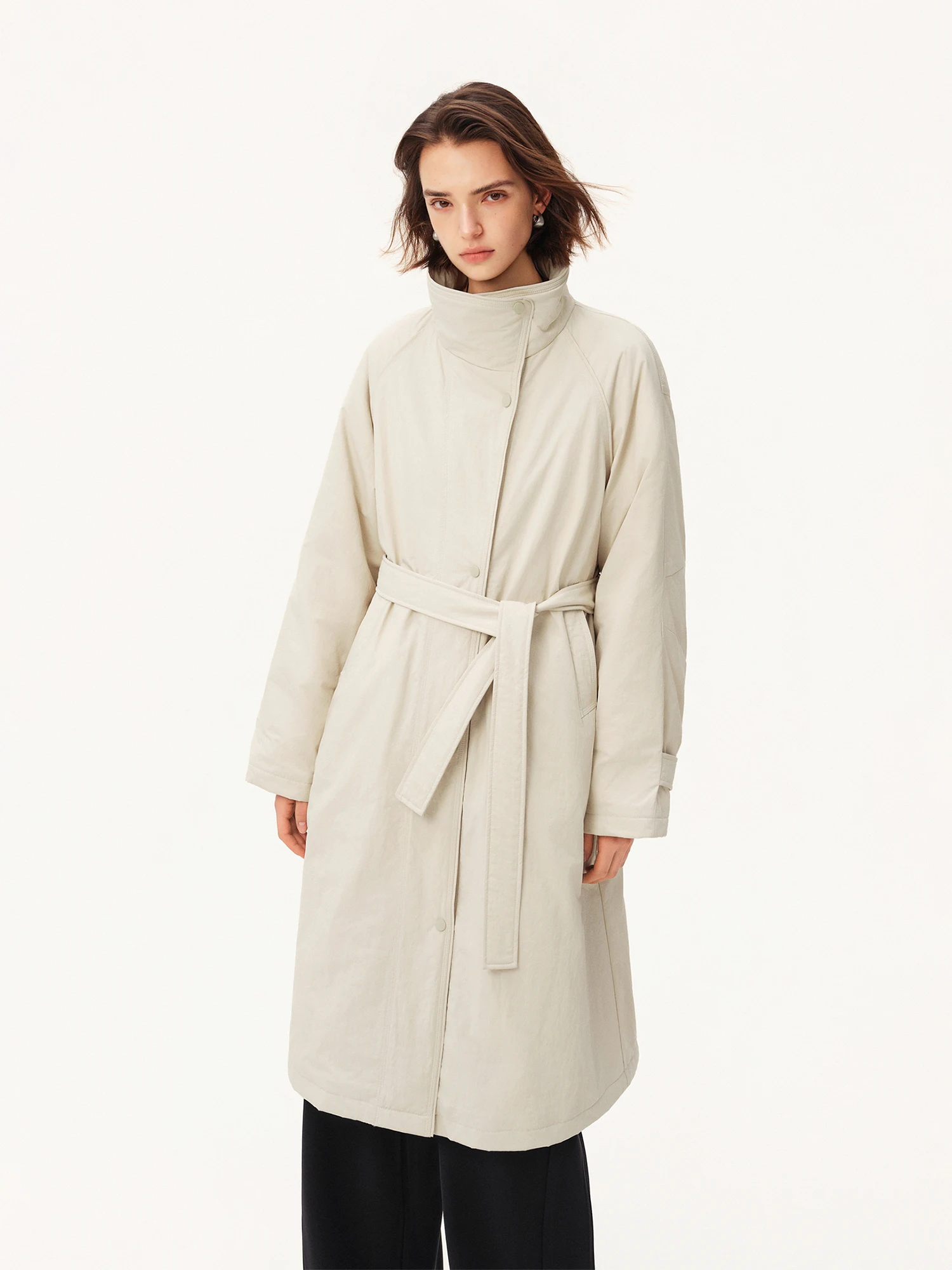 ZIQIAO Women's Down Coats Waterproof Stand Collar Trench Long Coat Slim Waist Winter 2026 Commuting Outweart Ins Chic Streetwear