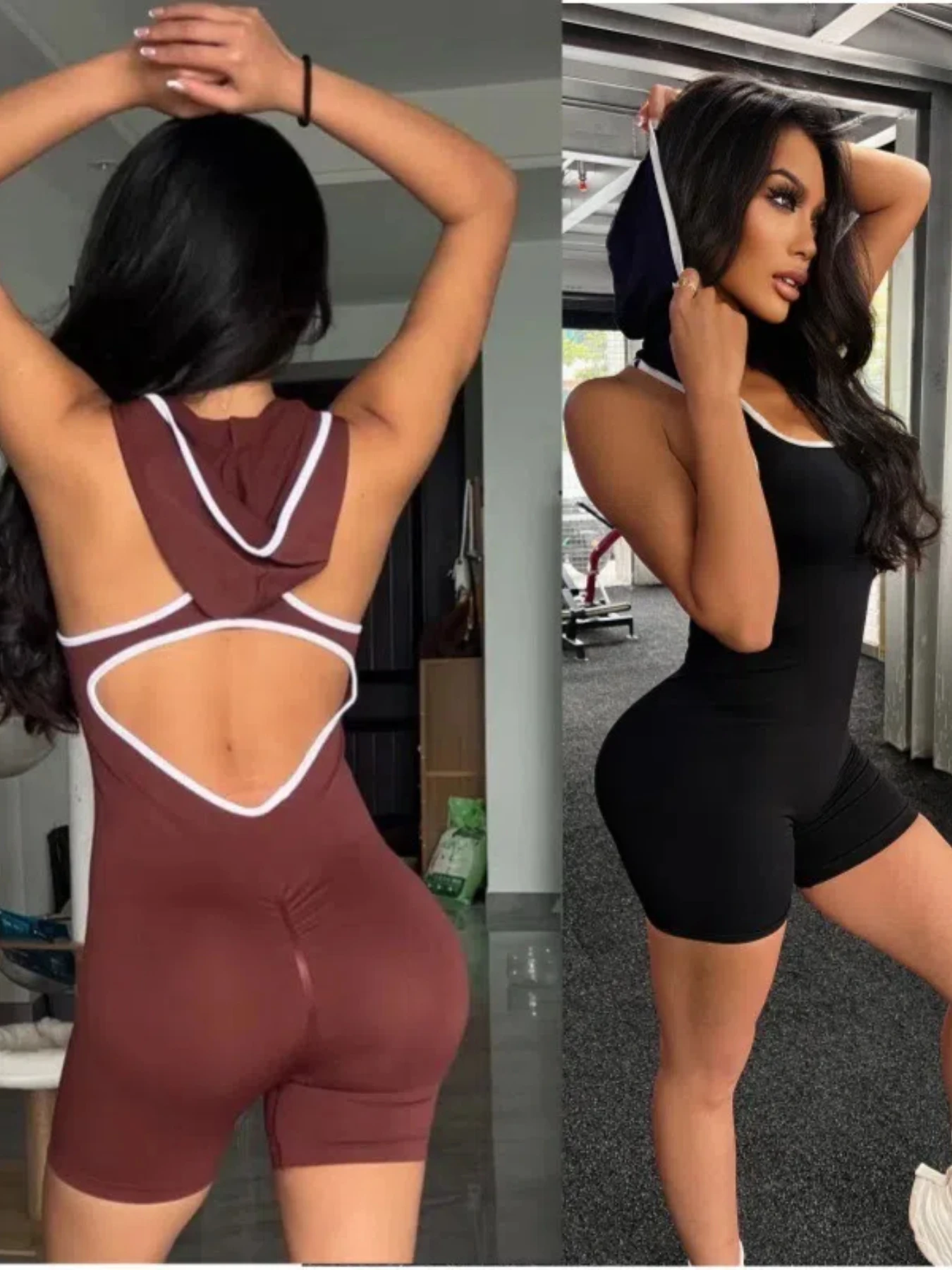 

Sports Contrast Binding Yoga Jumpsuit With Hat Girls Running Bodysuit Workout Rompers Women Overalls Sportswear Fitness Yoga