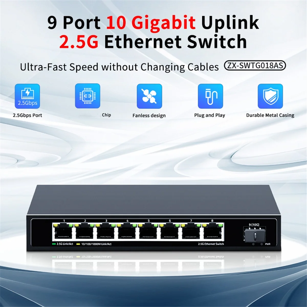 8 Port 2.5G Ethernet Switch 2.5GBASE-T Network Switcher 10 Gigabit Uplink Plug and Play Hub Internet Splitter Fanless