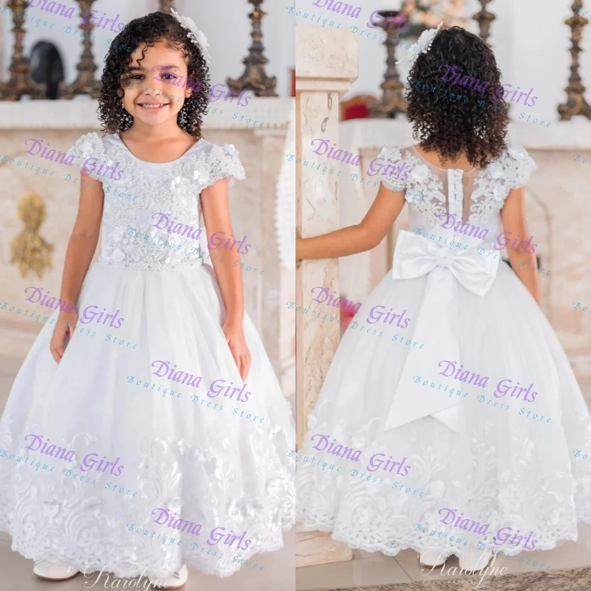 Quality Lovely White Tulle Fluffy Flower Girl Dress with Lace Applique for Kids Wedding Birthday Party Evening Ball Gowns