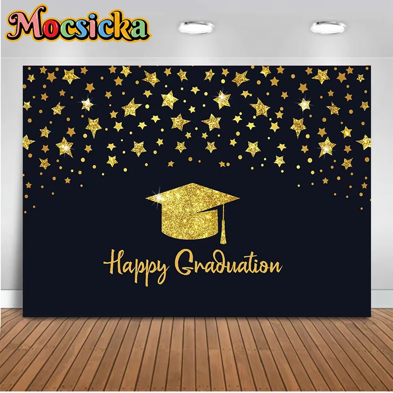 

Mocsicka Happy Graduation Photo Backdrop Gold Star Bachelor Hat GRAD Party Banner School Graduate Student Photography Background