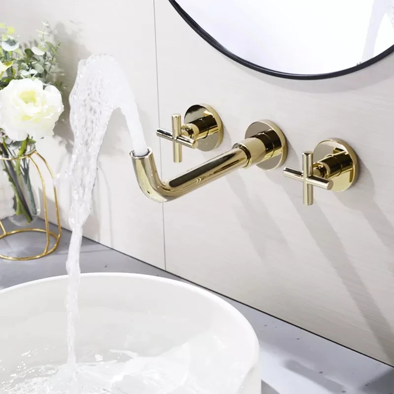 

Good Quality Brass Bathroom sink faucet Wall Mounted 2 Handle Cold hot water Basin mixer Tap Rotatable spout High Quality copper