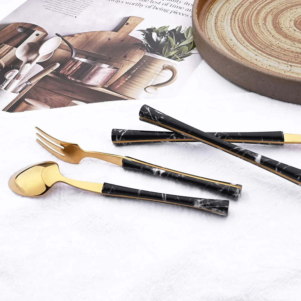 6/24Pcs Gold Marble Texture Handle Cutlery Set Kitchen Stainless Steel Dinnerware Set Knife Fork Spoons Rack Tableware Set