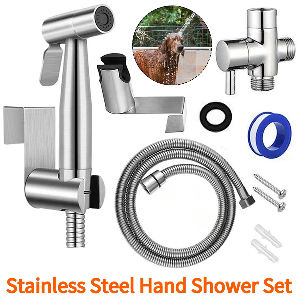 Stainless Steel Bidet Hand Shower Wear Resist Hand Shower Holder with 2 Way Diverter & Hose for Personal Hygiene and Pet Bathing