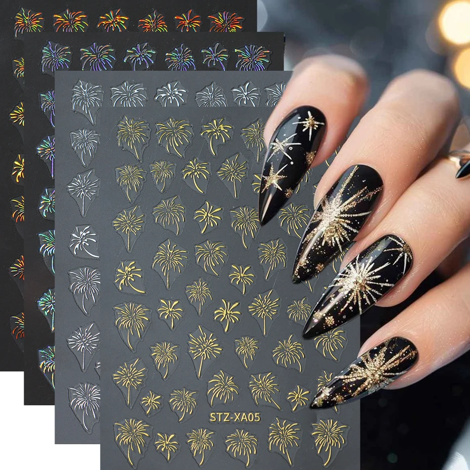 4Colors 3D Glitter Firework Nail Art Sticker, Self Adhesive Laser Blooming Firework Design Nail Art Decals For New Year Festive