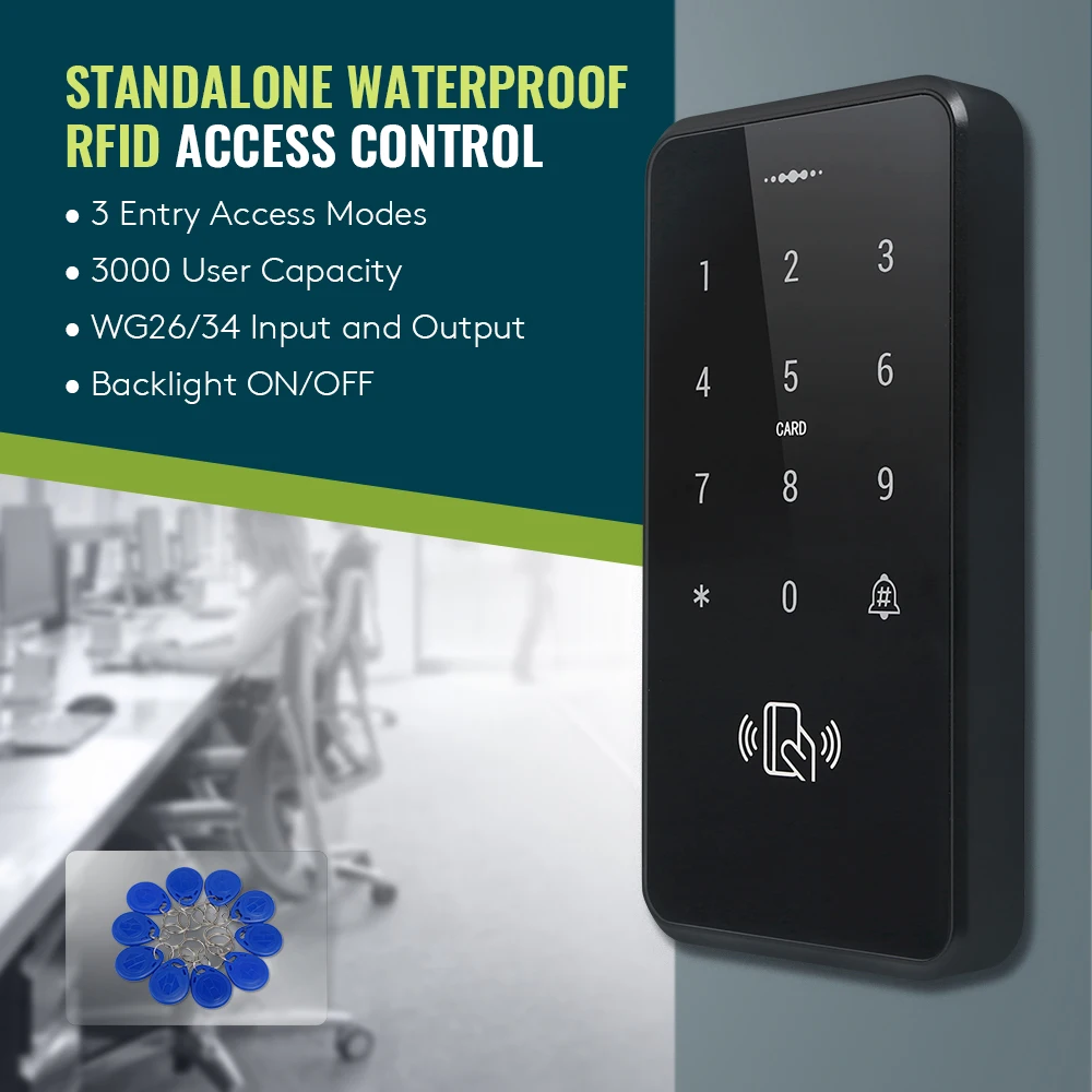 IP67 DC12V WG26/34 Input and Output Waterproof Touch Keypad 125Khz Proximity Reader Door Access Controller Password RFID Unlock