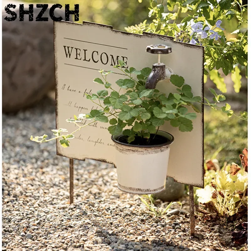 Creative Garden Flower Pot, Ironwork, Vintage Welcome Sign Courtyard Plug in Bonsai Basin, Versatile Scene, Gardening Decoration