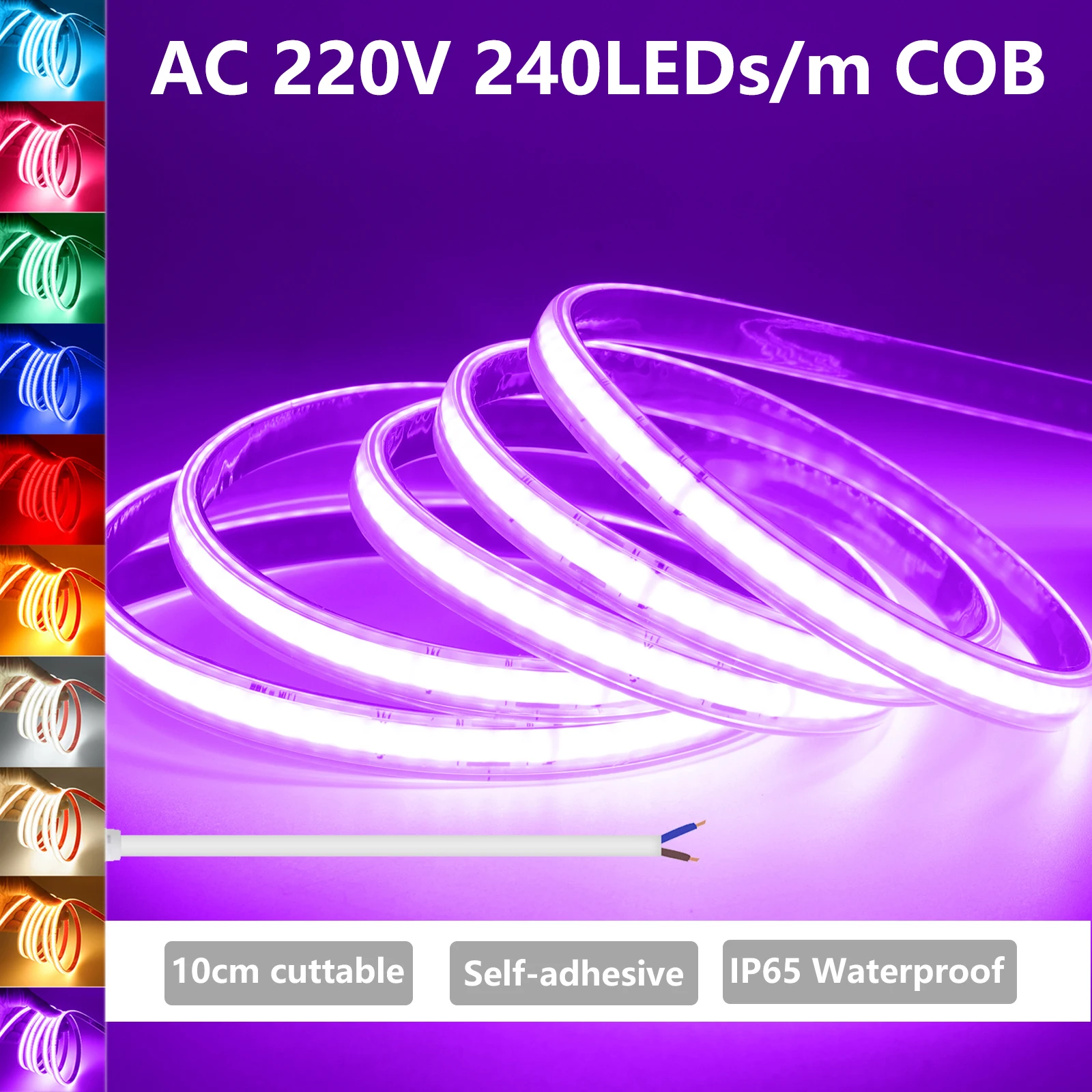 COB LED Strip 220V Direct Connection Build In Smart IC Waterproof 240LEDs/m 10cm Cuttable Flexible Adhesive Tape for Room Decor