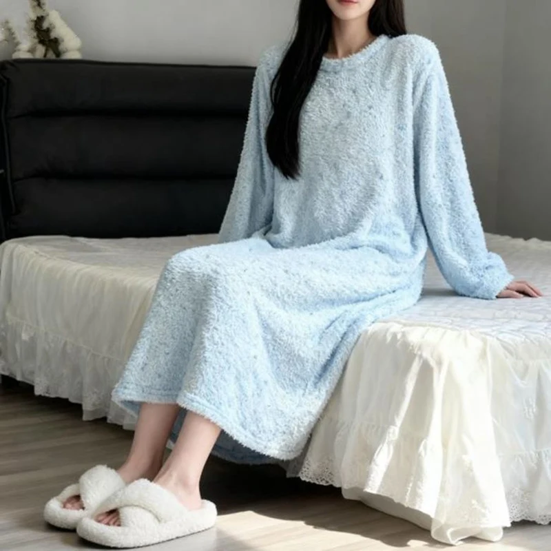 Baju Tidur Wanita Musim Dingin 2025 Lengan Panjang Tebal Hangat Bahan Flanel Korea Lucu Beludru Karang Pakaian Tidur Gaun Tidur Nighty