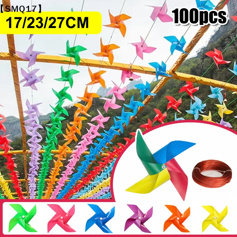 100Pcs Plastic Pinwheels Fiesta Flag Party Supply Hanging Windmill With 30 Metres Rope Garden Indoor Outside Decoration【SMQ】