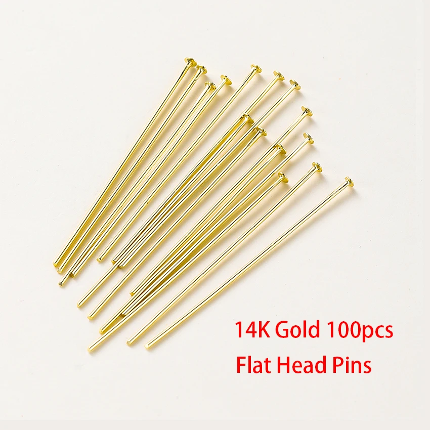 100 Stück 16–50 mm 14/18 Karat vergoldete Ösen-Flachkopfnadeln, Nadelkugelkopfnadeln, Perlenanhänger, Anschlüsse für die Schmuckherstellung
