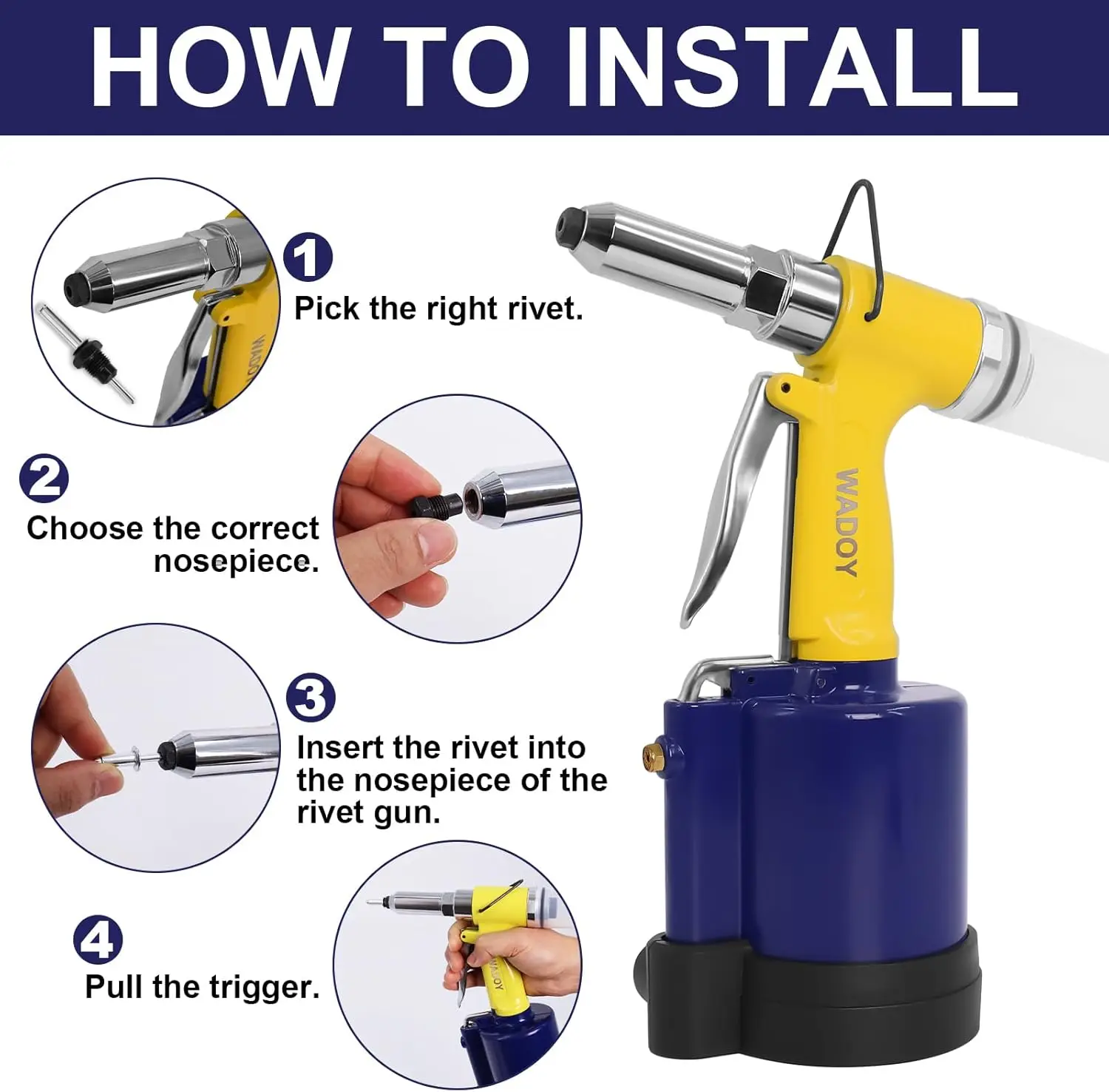 Rivet Gun Air Pop Riveter Gun Tool Kit 1/4" 3/16" 5/32" 1/8" and 3/32" Capacity Nosepieces with 50PCS Rivets Upgrade Pop Pneumat