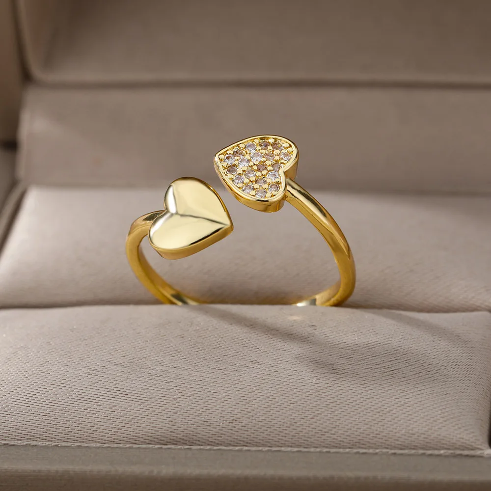 Vintage Cubic Zircon Moon Heart Open Rings For Women Gold Color Stainless Steel Ring Wedding Couple Boho Jewelry anillos mujer
